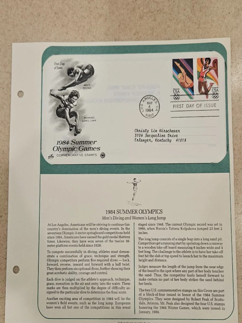 COLLECTIBLE USPS 1ST DAY ISSUE 1984 SUMMER OLYMPIC GAMES LONG JUMP DIVING STAMP